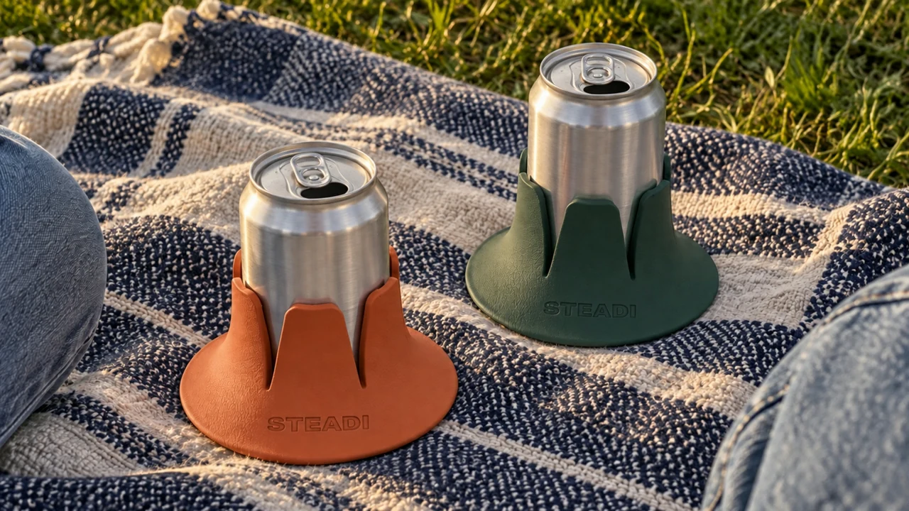 AI lifestyle scene: terracotta and forest Steadis with opened cans on a picnic blanket