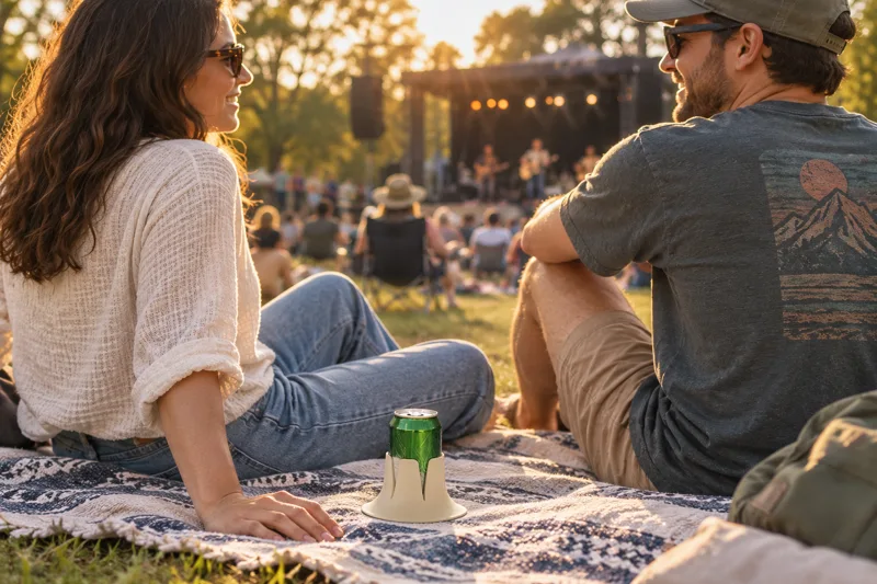 Adults enjoying a lawn concert with a drink in Steadi beside their seated position. AI lifestyle illustration.