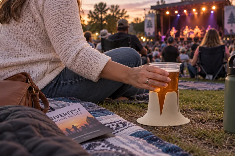 Adult seated on blanket at outdoor evening concert with open reusable plastic concession cup with amber drink in Steadi on broad level firm ground patch by seated adult, not on loose blanket folds. AI illustration.